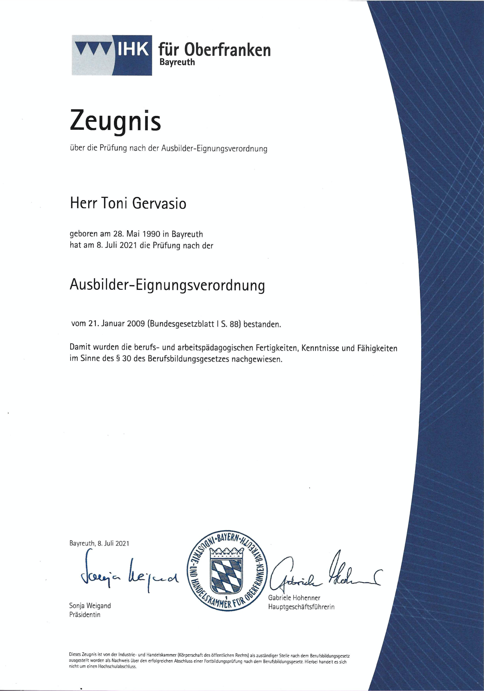 IHK Ausbilder Zeugnis